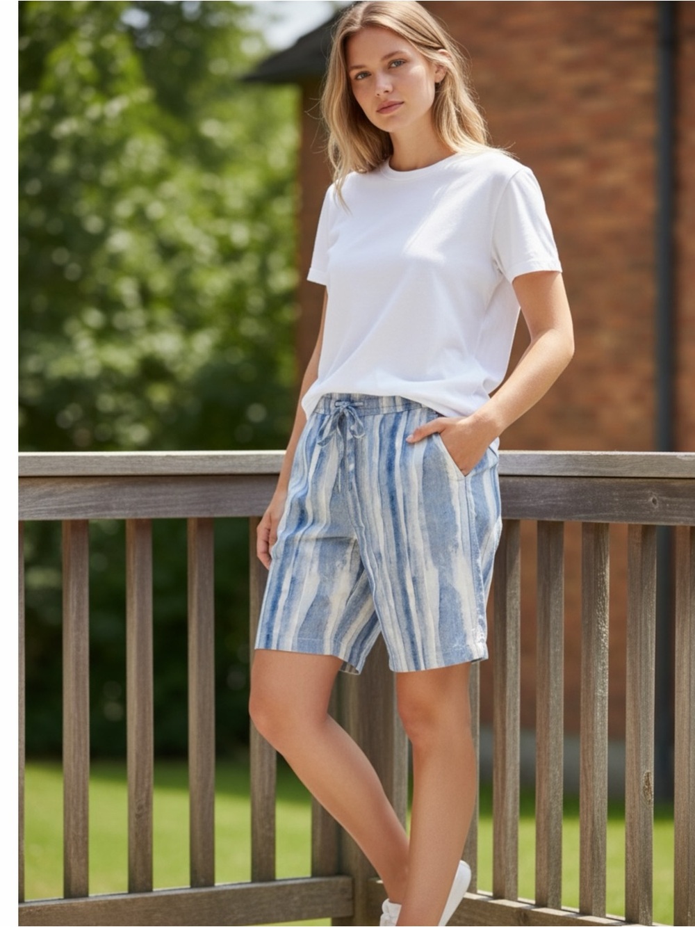 Ag Adriano Goldschmied Blue and White Striped Drawstring Women’s Shorts